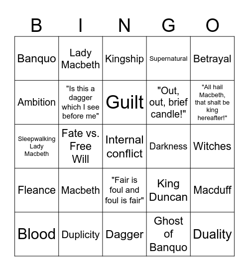 Macbeth Bingo Card