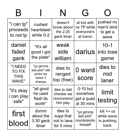 jammy league bingo card Bingo Card