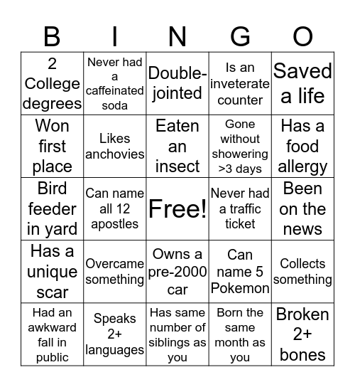 Johnson Family Bingo Card