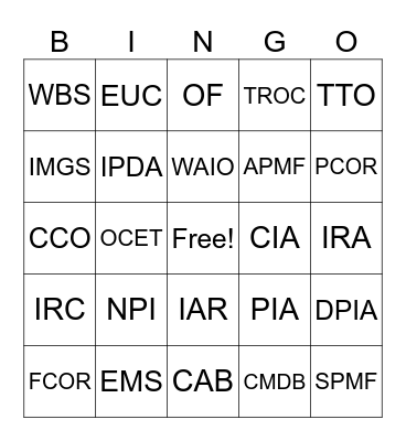 Technology Projects Acronym BINGO Card