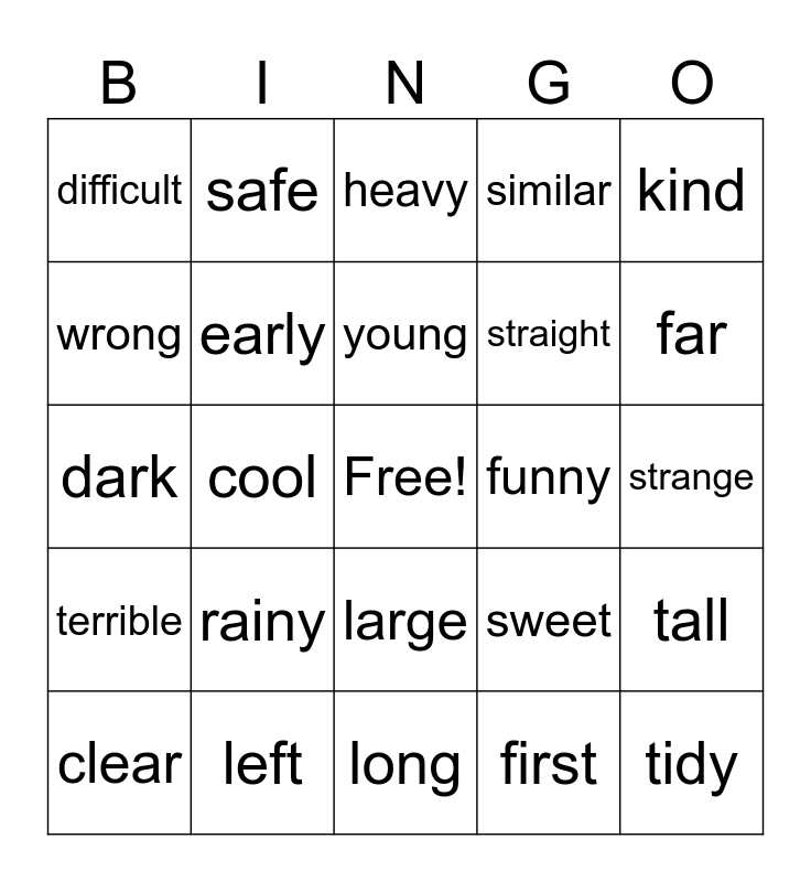 Opposite Adjectives Bingo Card