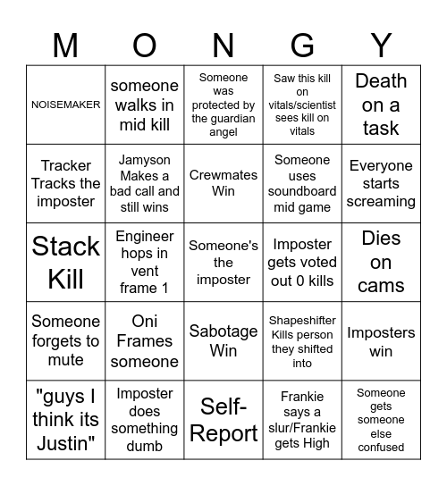 Shithead Mongy Bingo Card