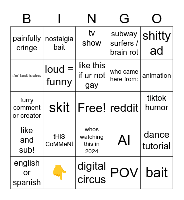 yt shorts Bingo Card