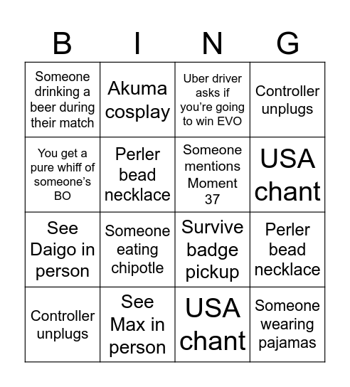 EVO Bingo Card