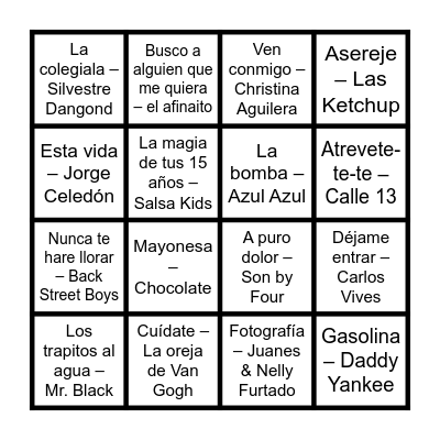 Bingo Musical Bingo Card