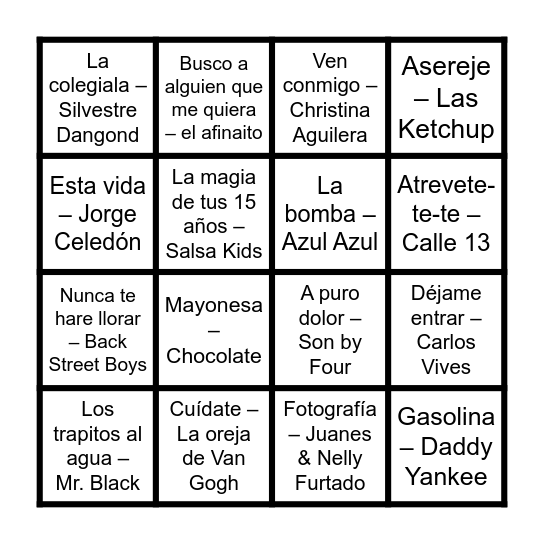 Bingo Musical Bingo Card