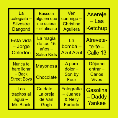 Bingo Musical Bingo Card