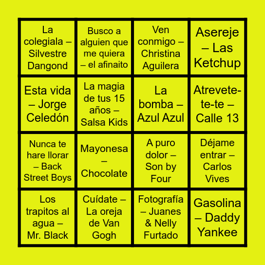 Bingo Musical Bingo Card