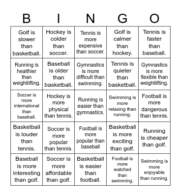 Sports Comparatives Bingo Card