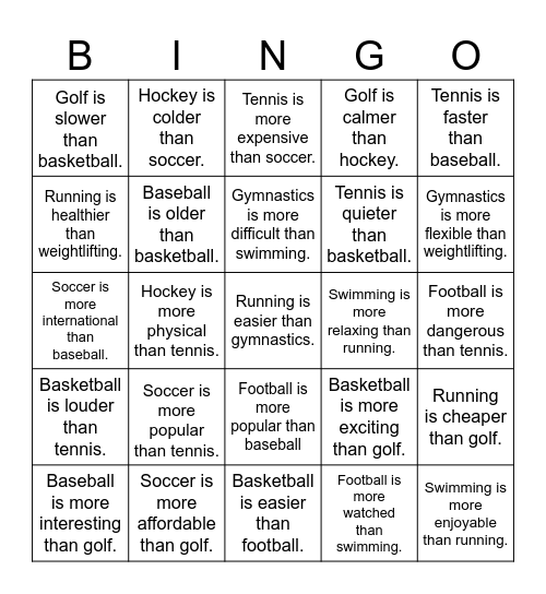 Sports Comparatives Bingo Card