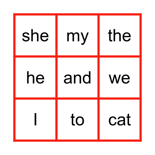 Heart Words 1 Bingo Card