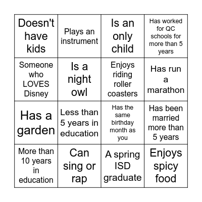 SES Staff Social Bingo Card