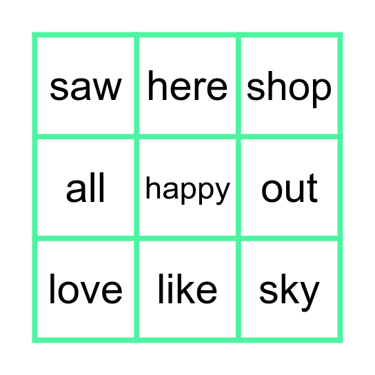 Heart Words 9 Bingo Card