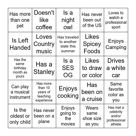 SES Bingo Card