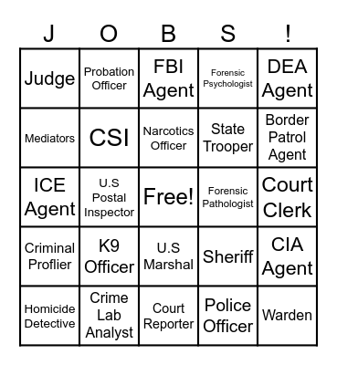 Criminal Justice Occupations Bingo Card