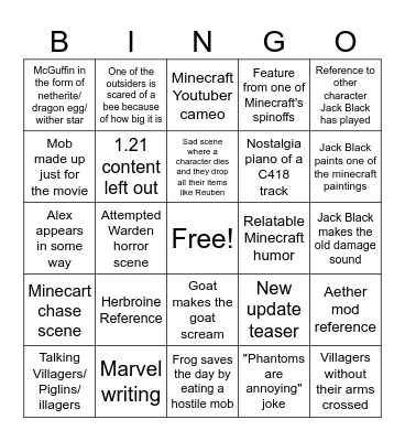 Minecraft movie Bingo Card