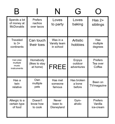 Get to Know You BINGO! Bingo Card