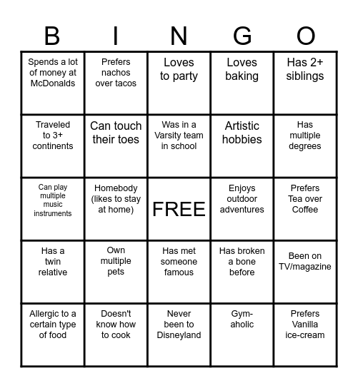 Get to Know You BINGO! Bingo Card