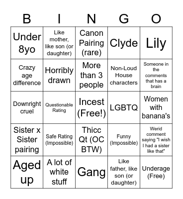 Loud House R34 Bingo Card