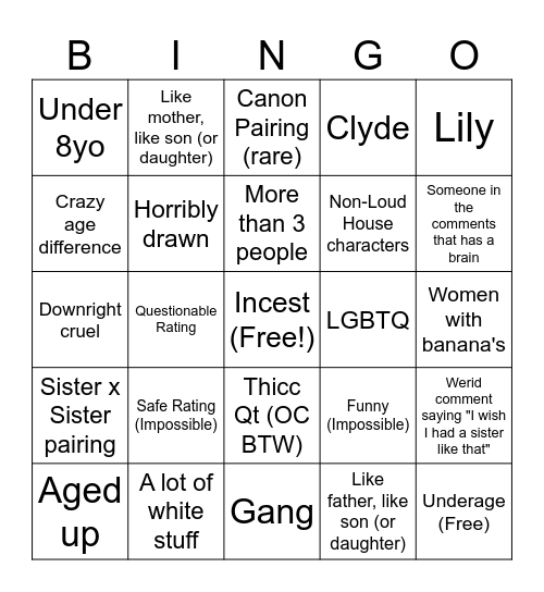 Loud House R34 Bingo Card