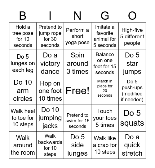 Movement Bingo Card