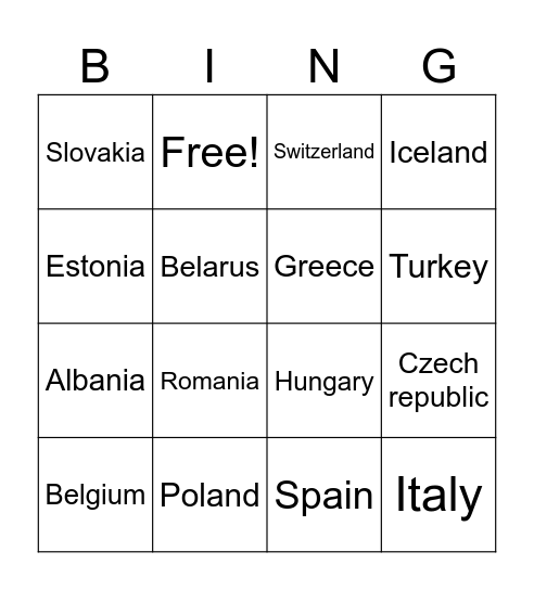 country Bingo Card
