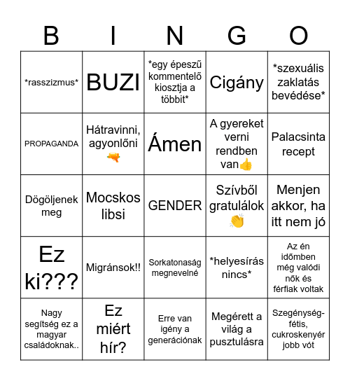 Magyar kommentszekció Bingo Card