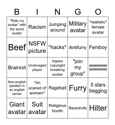 Rate my avatar bingo Card