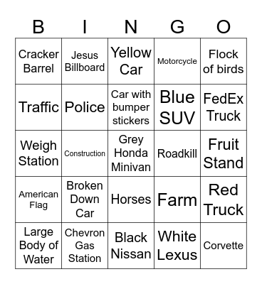 Road Trip Bingo Card