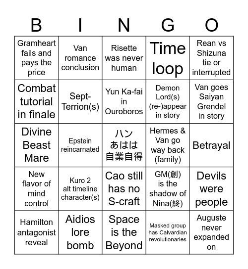 Kai no Kiseki Bingo Card