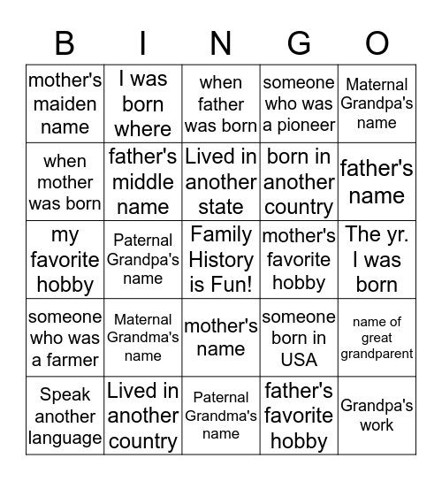 Family History is Fun Bingo Card