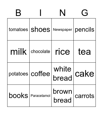 Shopping list Bingo Card