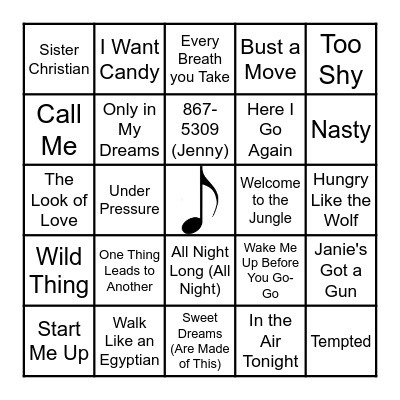 1980's Top 100 Bingo Card