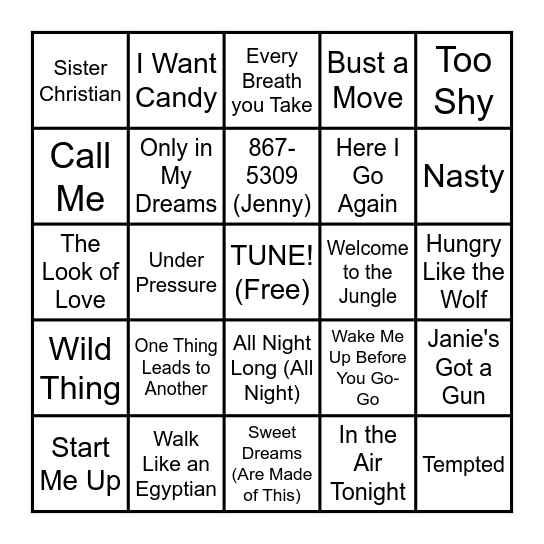 1980's Top 100 Bingo Card