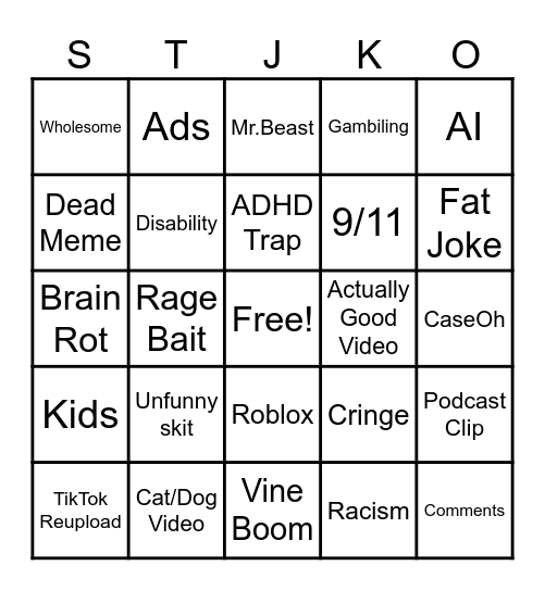 YouTube Shorts Bingo Card