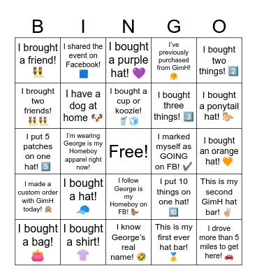 George’s Hat Bar Bingo Card