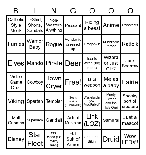 Renn Faire Bingo Card