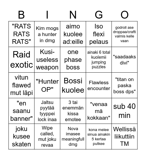 destiny raid night bingo Card