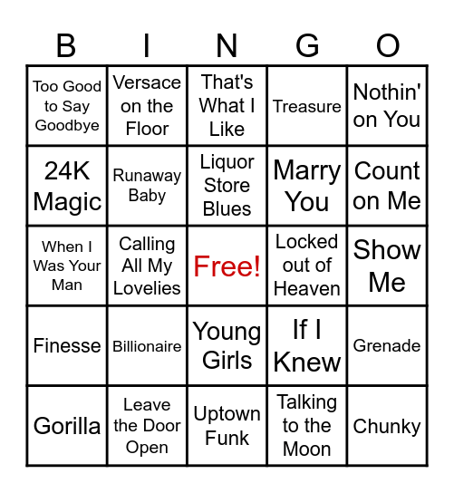 Bruno Mars BINGO Card