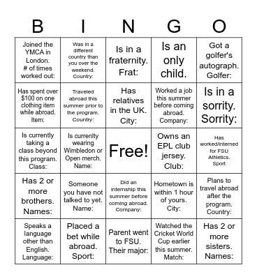 Global Sport Bingo Card