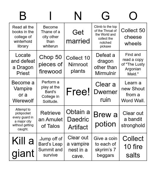 Skyrim Lockout Bingo Card