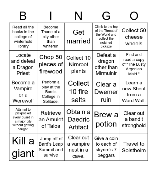 Skyrim Lockout Bingo Card