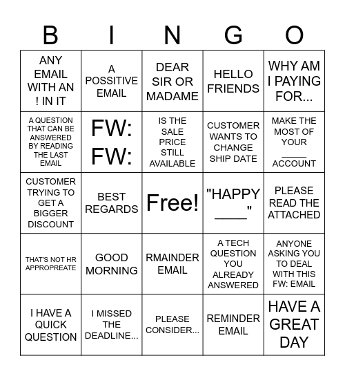 SHOPSABRE EMAIL BINGO Card