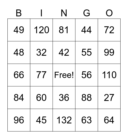 Multiplication Bingo Card