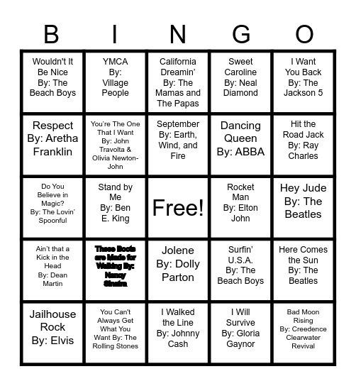 Songs of the 60's and 70's Bingo Card