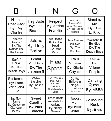 Singo Bingo: Song of the 60s and 70s Bingo Card