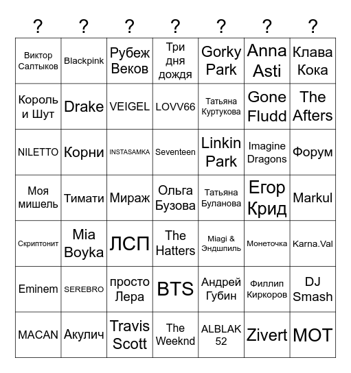 Угадай мелодию Bingo Card