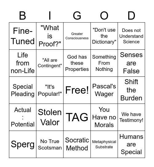 Proving the God thing Bingo Card