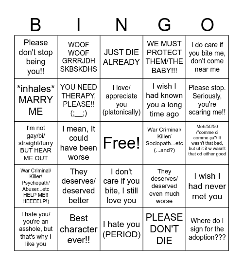 Characters Opinion Bingo (by @kara_no_hoshi_dbz) Bingo Card