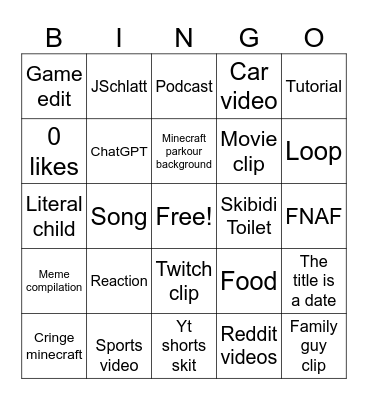 YouTube shorts Bingo Card